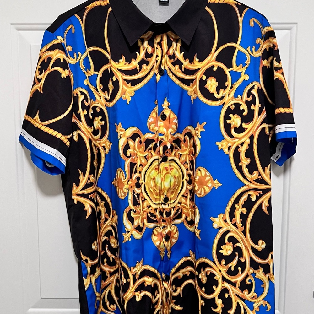 Men's Black and Blue *Versace Dupe* Baroque Shirt